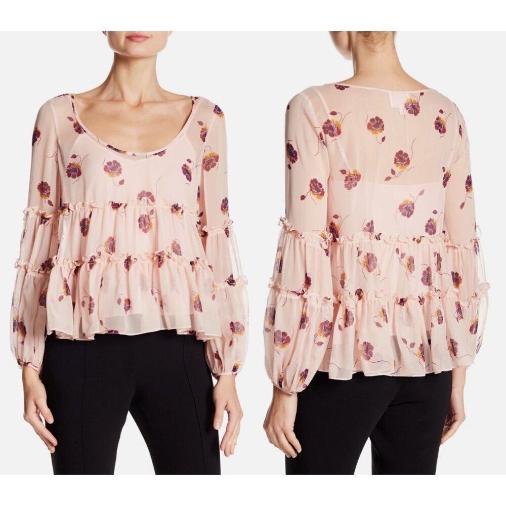 Cinq a Sept Tumbling Long Sleeve Jasmine Silk Top XS Balloon Sleeve Ruffle Tiers